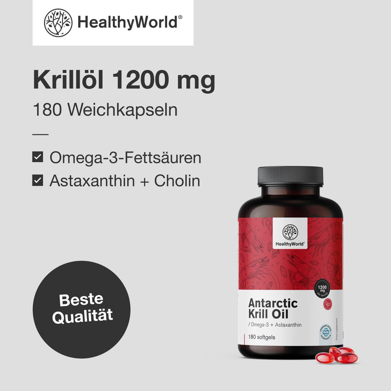 [Australia] - HealthyWorld® Krill Oil 1200 mg - 180 soft capsules - Omega-3 + Astaxanthin - Without gluten, lactose and artificial flavors - 3-month supply - Supports heart and circulatory function 