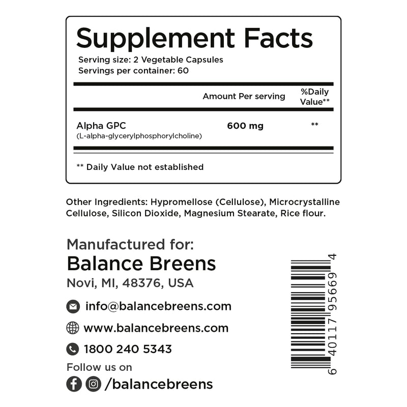 [Australia] - Alpha GPC Choline Supplement 600mg – 120 Vegetable Capsules - Advanced Memory Formula, Nootropics Brain Support Supplement - Non-GMO and Gluten Free Pills by Balance Breens 120 Count (Pack of 1) 