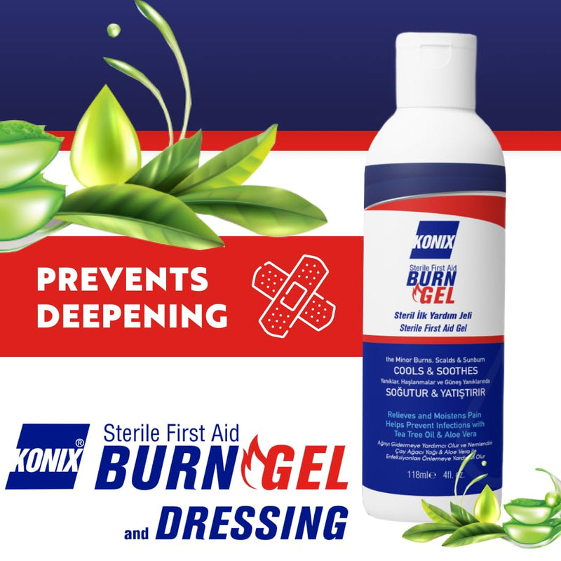 [Australia] - KONIX Sterile First Aid Burn Gel Fast Relief Protection Quick Aid Gel for All Types of Burn Injuries Suitable for All Skin Types Melaleuca, Aloe Vera 118 Ml 