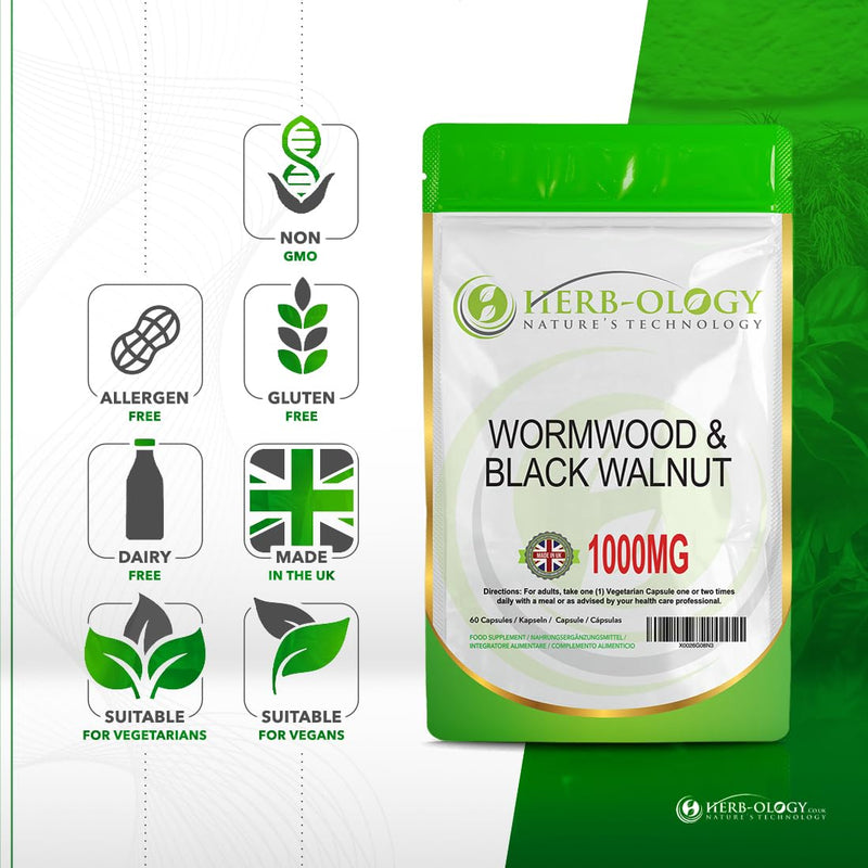 HB Wormwood | 120 Wormwood Black Walnut Capsules - 500mg Worm Wood Herb & 500mg Black Walnut per Serving | High Strength Worm Wood Capsules | Non-GMO, Gluten & Allergen Free | Made in The UK 120 count (Pack of 1)