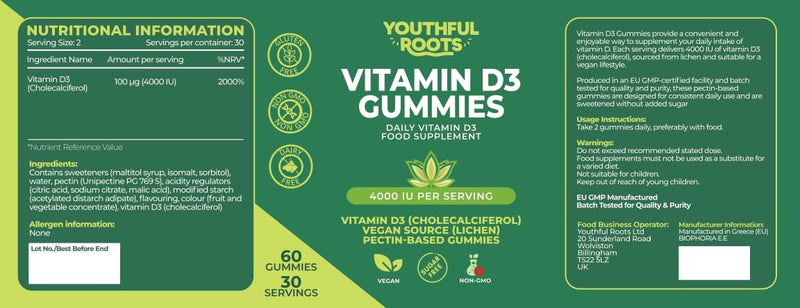 Vitamin D3 Gummies 4000 IU – High Strength for Adults – Immune, Bone & Muscle Support – Vegetarian - Peach Flavour - Sugar Free – 60 Gummies 1 count (Pack of 1)