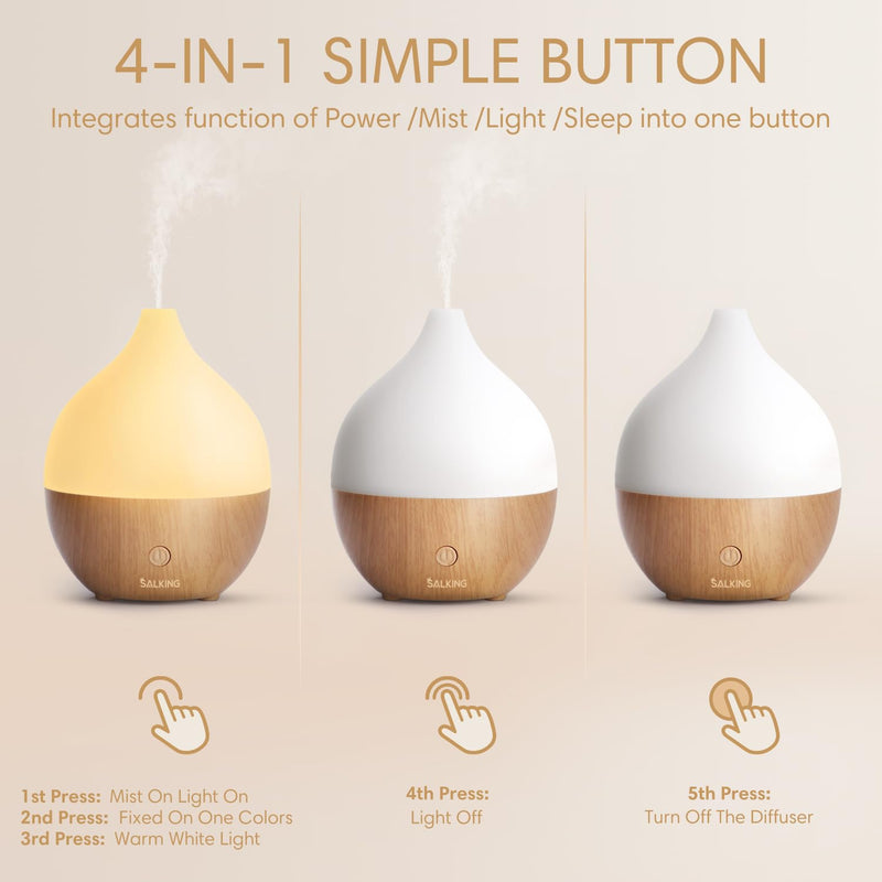 [Australia] - SALKING Essential Oil Diffuser, 100ml Small Aromatherapy Diffuser with Auto Shut-Off Function, Ultrasonic Diffusers for Essential Oils, Cool Mist Humidifier with Warm White Lights, for Office Home White + Wooden Grain 