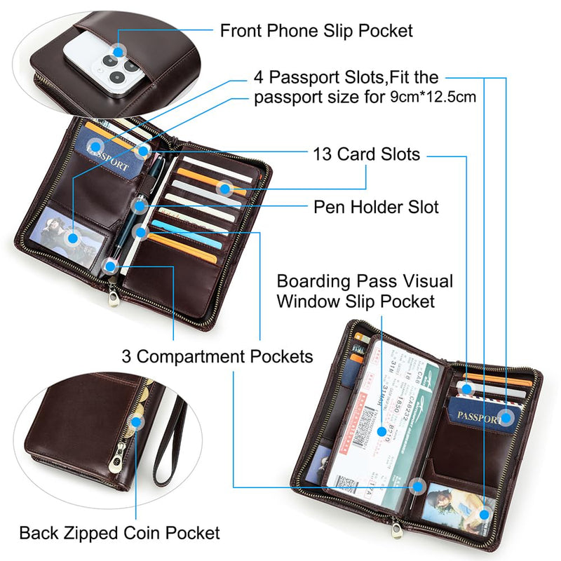 CONTACTS Travel Passport Wallet for 4 Leather Family Passport Holder Clutch Wallet Zipper Wrist Card Purse RFID Blocking with 13 Card Slot Fit up 4 Passports Glossy Coffee