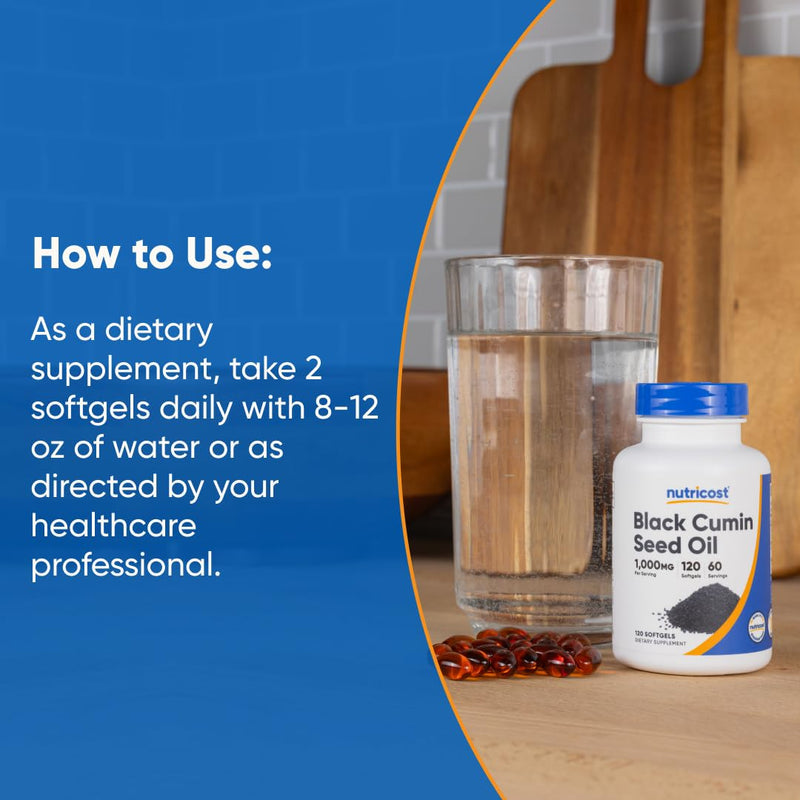 [Australia] - Nutricost Black Seed Oil (Cumin) - Cold Pressed, Source of Omega 3 6 9-120 Softgels, 1000mg Per Serving, 60 Servings - Non-GMO and Gluten Free 