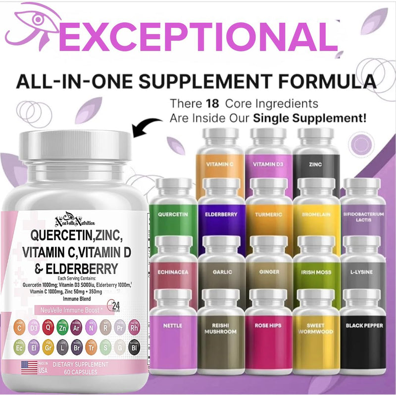 18-in-1 Immune Support Supplement - Quercetin with Bromelain, Vitamin C, D3, Zinc, Elderberry, Turmeric, Ginger, Garlic, Sea Moss, Echinacea - Immune Defense & Antioxidant