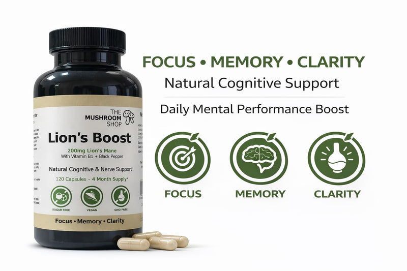Lion’s Mane Capsules 200mg (10:1 Extract) – 120 Capsules (4 Month Supply) – with Vitamin B1 & Black Pepper – Mushroom Shop