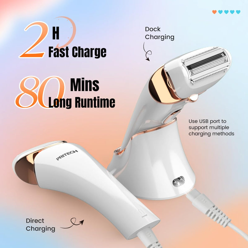 PRITECH Electric Razor for Women - Rechargeable Shaver for Women Portable Lady Shaver for Legs, Arm, Underarms, Bikini, USB Rechargeable, Wet & Dry Waterproof Bikini Trimmer for Woman, Gold Gold+white