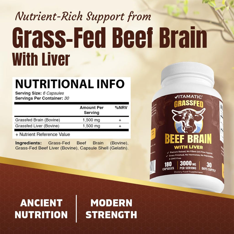 Vitamatic Grass Fed Beef Brain with Liver - 180 Capsules - Freeze Dried & Non-GMO - Pasture Raised Glandular Supplement - Made in USA
