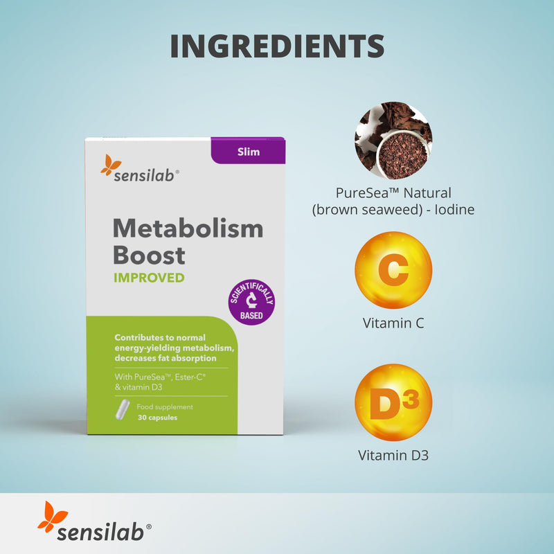 Metabolism Boost with Iodine, Brown Seaweed, Vitamin C and Vitamin D3 – Energy and Fatigue Reduction Formula, 60 Capsules – Sensilab