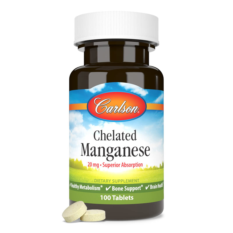 Carlson - Chelated Manganese, 20 mg, Superior Absorption, Healthy Metabolism, Bone Support & Brain Health, 100 Tablets