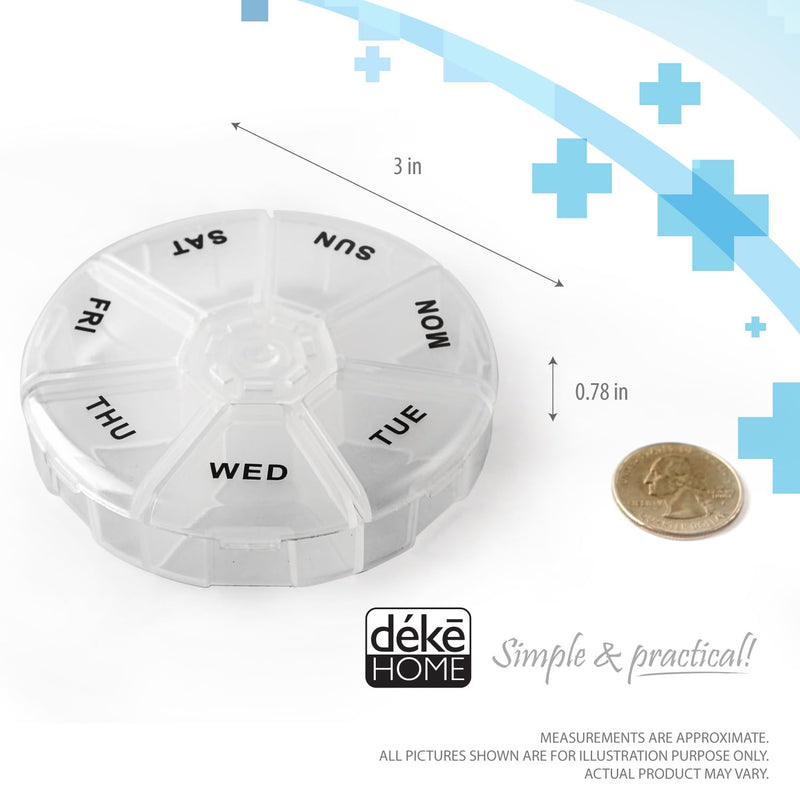 Deke Home - Round Portable Pill Box, Medicine Planner, Small 7 Day Weekly Travel Container, Medication, Vitamin Holder, Pillbox Organizer, Pill Dispenser, Daily Sorter & Reminder, BPA Free Clear 1 Count (Pack of 1)