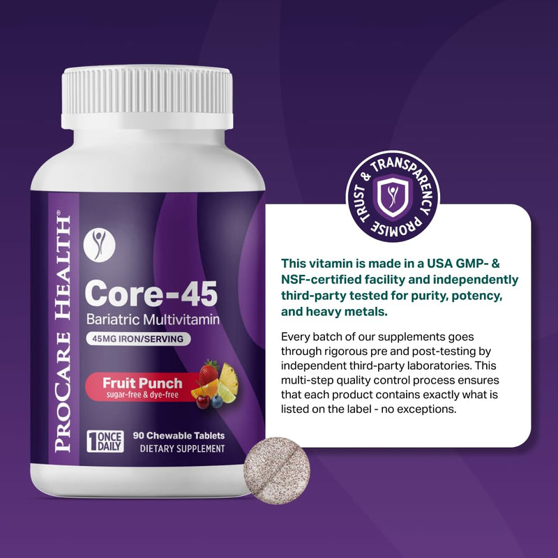Core-45 Bariatric Multivitamin | Fruit Punch | Chewable | 30ct | Once Daily Bariatric Multivitamin with Iron 45mg Chewable Tablets for Gastric Bypass, Sleeve & Post-Op Support - Made in USA 30 Count (Pack of 1)