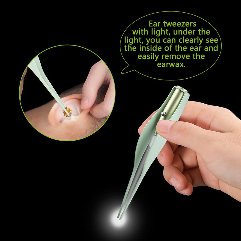 [Australia] - 4 Pack Ear Wax Removal Tool Kit with Light, Ear Pick Ear Cleaning Tools Set for Kids and Adults, Ear Picks Digger & Tweezers & Spiral Spring Ear Spoon with Storage Box (Green) Green 