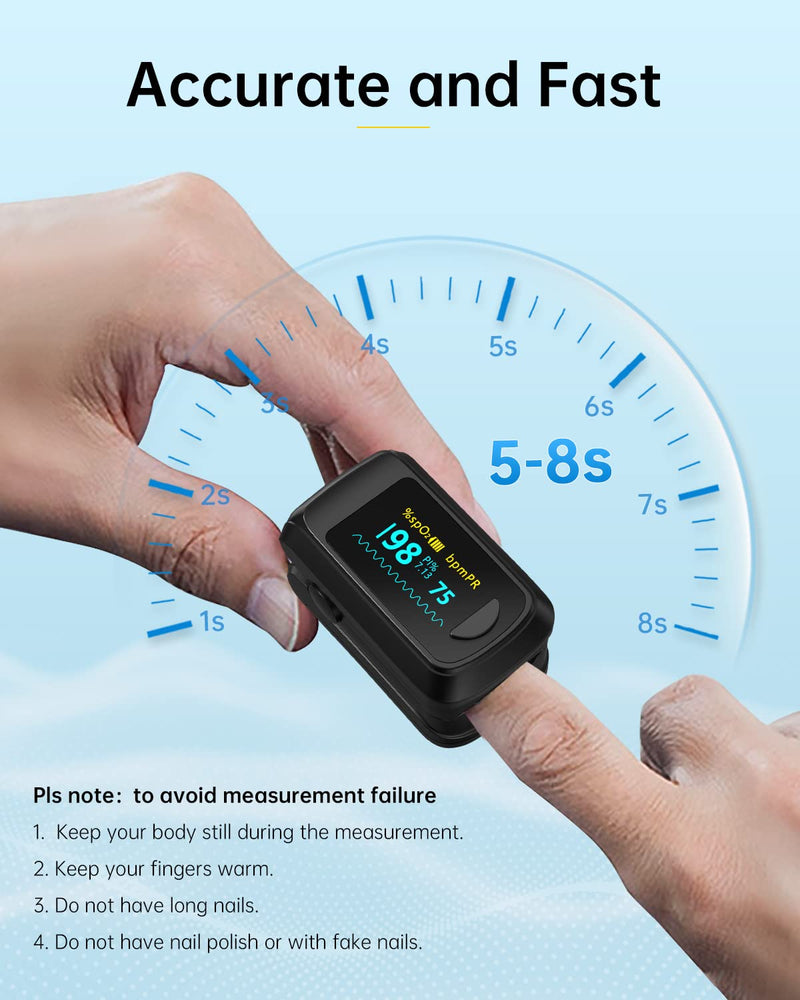 Fingertip Pulse Oximeter Blood Oxygen Monitor Pulse Ox, Heart Rate and Fast Spo2 Reading Oxygen Meter with OLED Screen Included Batteries and Lanyard black