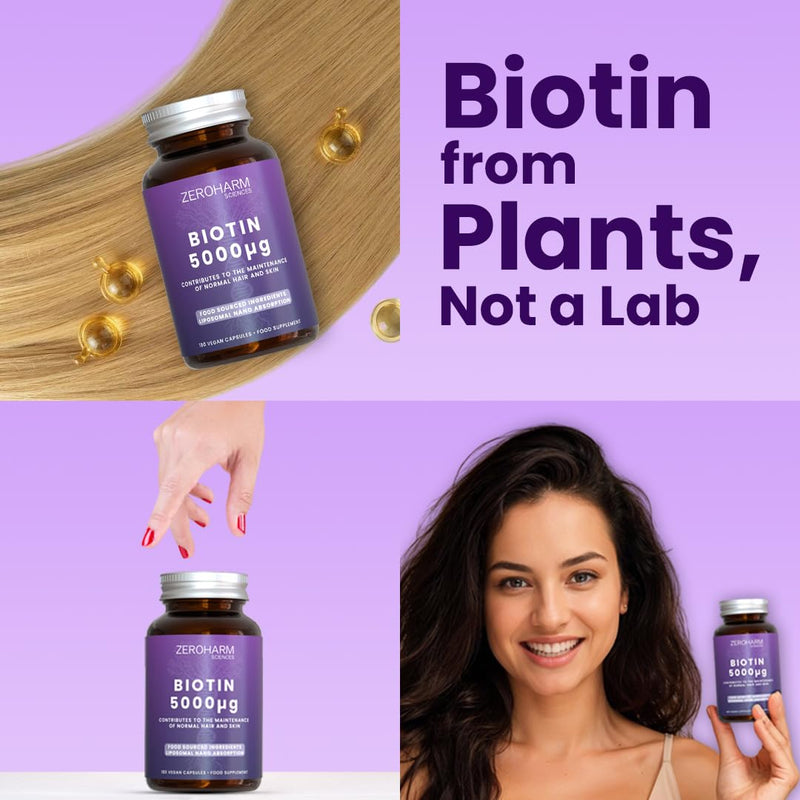 ZeroHarm Biotin 5000mcg – Plant-Based Biotin from Natural Extracts – Hair, Skin & Nails Vitamin – Liposomal Absorption – Powered by Real Food Ingredients – 180 Vegan Capsules