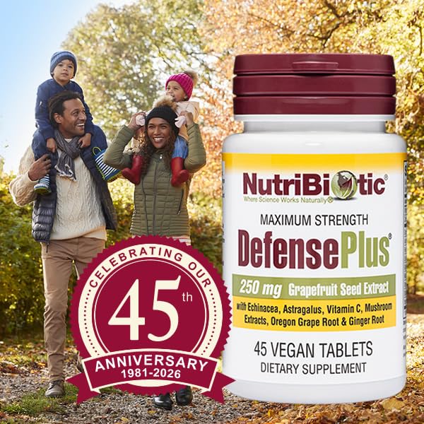 NutriBiotic – DefensePlus, 45 Tablets | 11 in 1 Immune Support with Vitamin C, Zinc, Grapefruit Seed Extract, Echinacea, Astragalus Root & Immune Boosting Extracts & Mushrooms | Vegan & Gluten Free