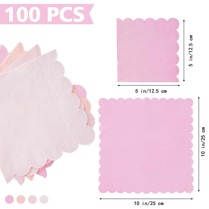 [Australia] - 100 Pink Scalloped Cocktail Napkins, 3 Ply 5 x 5 Inch Beverage Napkins Gradient Color Paper Napkins Disposable Luncheon Napkins for Wedding Birthday Party Bridal Anniversary Baby Shower 