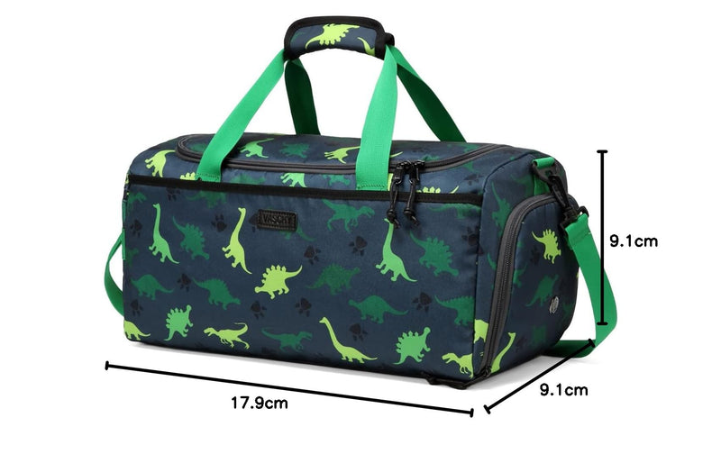 Kids Duffle Bag,VASCHY Travel Bag for Toddler Children Boys Water Resistant Overnight Duffel Ballet Dance Sport Carry On Weekender Bag with Shoes Compartment Dry Wet Pocket Green Dinosaur