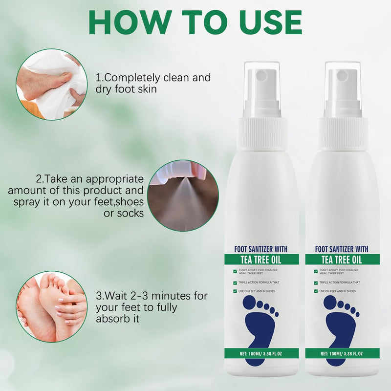 2pcs Foot Spray with Tea Tree Oil, Tea Tree Oil Foot Spray, Foot & Shoe Freshness, Clear Foot Sanitizer Spray, Quick-Drying and Travel-Friendly, 100ml/3.38fl.oz