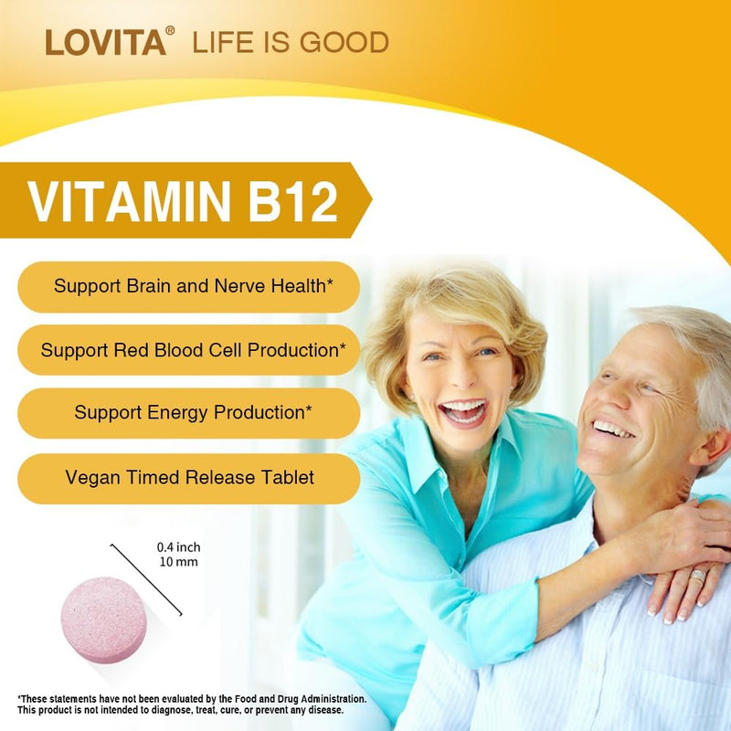 LOVITA Sustained-Release Vitamin B12 1000 mcg (as Cyanocobalamin), Timed Release, 60 Vegan Tablets for Brain & Nerve Health Support (Pack of 3) 60 Count (Pack of 3) New Package