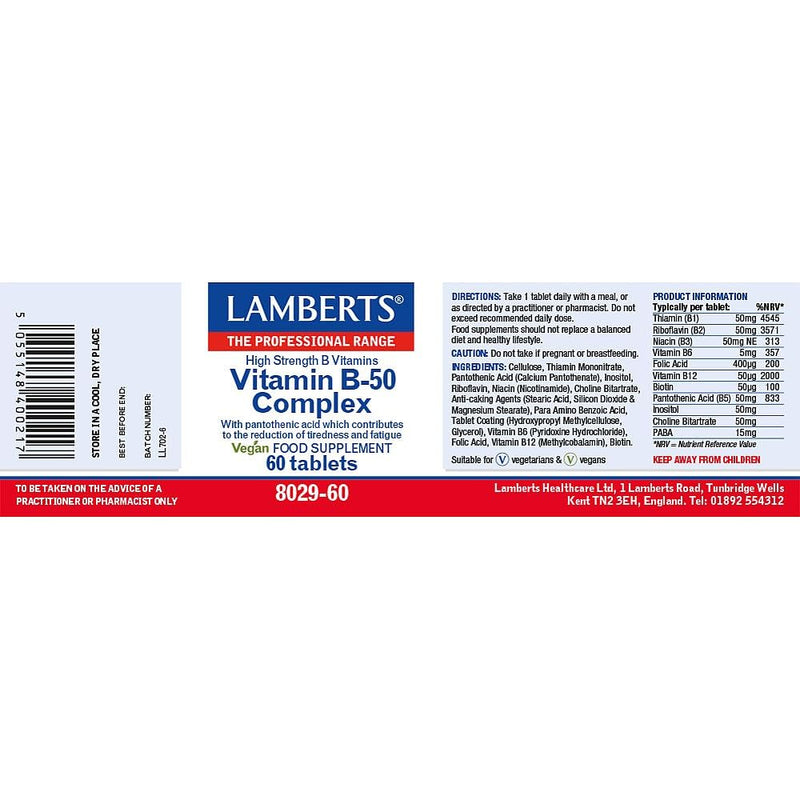 Lamberts Vitamin B-50 Complex – High Potency B Vitamin Formula with Inositol & Choline – 60 Vegan Tablets