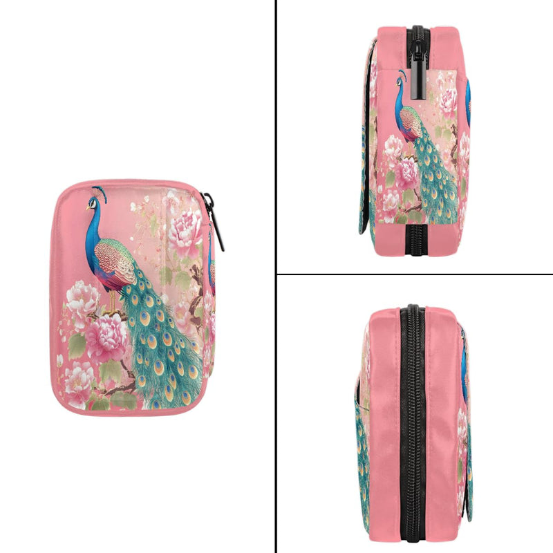 Pink Peacock Pill Case Travel Pill Organizer with Zipper Medicine Box | Pink Flower Peacock Pill Case Weekly 44 Day Portable for Vitamins Birth Control Fish Oils Medication Supplements A:color11