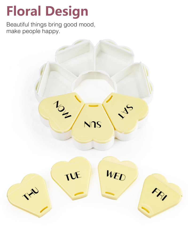 MOLN HYMY Large Weekly Pill Box 7 Day, Pill Case Organizer, Flower Pill Container Once Daily, Round Medicine Dispenser for Vitamin/Fish Oil/Medication/Supplement (Yellow) Yellow