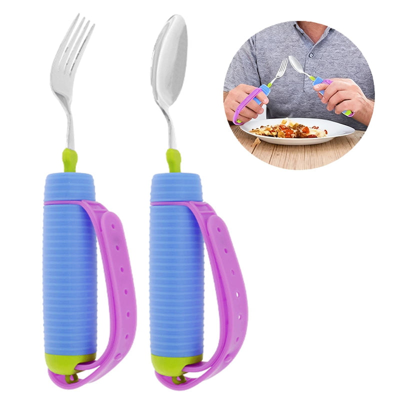 Adaptive Utensils Set - 360° Rotatable Spoon & Fork with Non-Slip Handle & Adjustable Strap, Easy Grip Cutlery for Elderly, Disabled, Arthritis & Hand Tremors