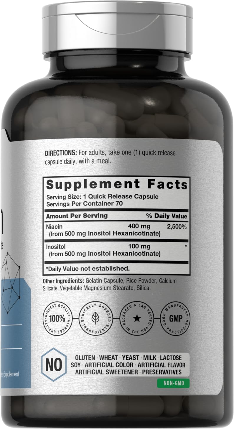 Horbaach Niacin 500mg Flush Free | 70 Capsules | Inositol Hexanicotinate | Vitamin B3 | Non-GMO & Gluten Free