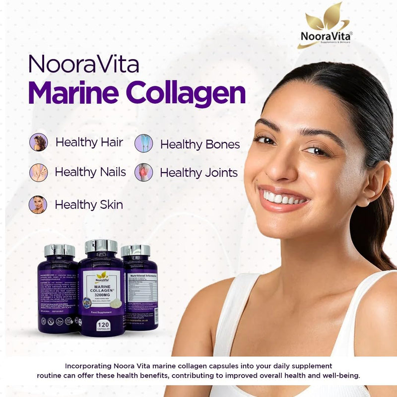 Marine Collagen Plus 3200MG. 120 Capsules – a Premium Blend of Pure Hydrolysed Marine Collagen, Fortified with Biotin, Zinc, Vitamin C & E. Gluten Free, GMO Free and Halal.