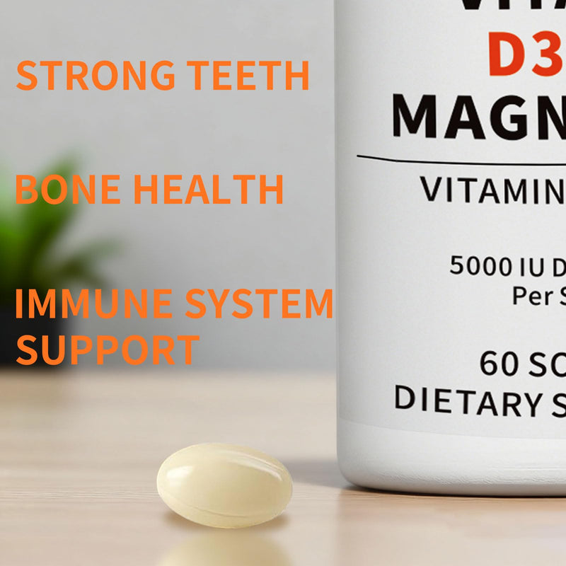 Vitamin D3 K2 5000 IU 60 Softgels with Magnesium Supplement - & 120mcg MK-7 K2 for Bone Health & Immune Support - Non-GMO & Gluten-Free Softgels with MCT Oil 60 Count (Pack of 1)