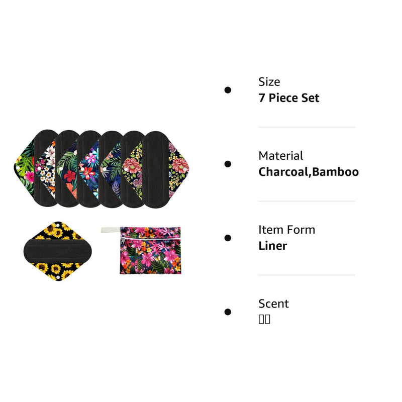 [Australia] - 7pcs/Set Including 1pc Mini Wet Bag +6pcs Bamboo Charcoal Cloth Menstrual Pads/Reusable Sanitary Pads/Mama Panty Liners (All Randomly Prints) 7 Pieces Set 1 7 Piece Set 