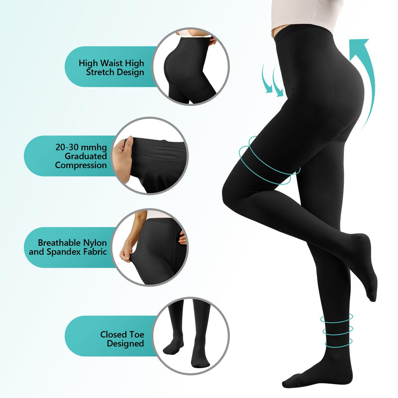 [Australia] - Compression Pantyhose Stockings for Women Men, 20-30 mmHg Medical Graduated Support Opaque Closed Toe Hose Tights for Swelling, Edema Varicose Veins Waist High Compression Stockings Black Medium 