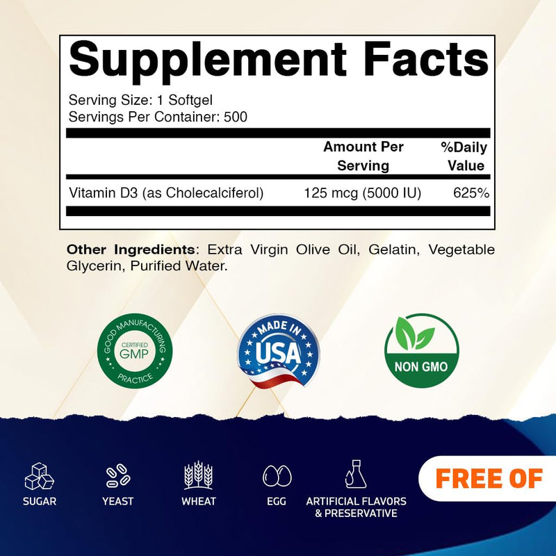 Vitamatic Vitamin D3 5000 IU (125 mcg), 500 Softgels, Made in USA | Olive Oil-Based Formula, Cold Pressed, 500 Day Supply, Support Immune Health*, Non GMO, Gluten Free 500 Count (Pack of 1)