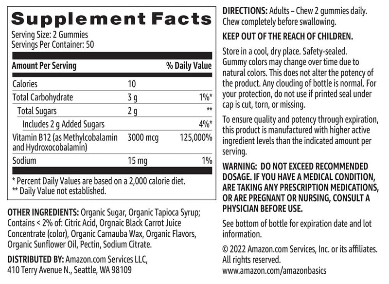 Amazon Basics Vitamin B12 3000 mcg Gummies, Normal Energy Production and Metabolism, Immune System Support, Raspberry, 100 Count (2 per Serving) (Previously Solimo) 100 Count (Pack of 1)