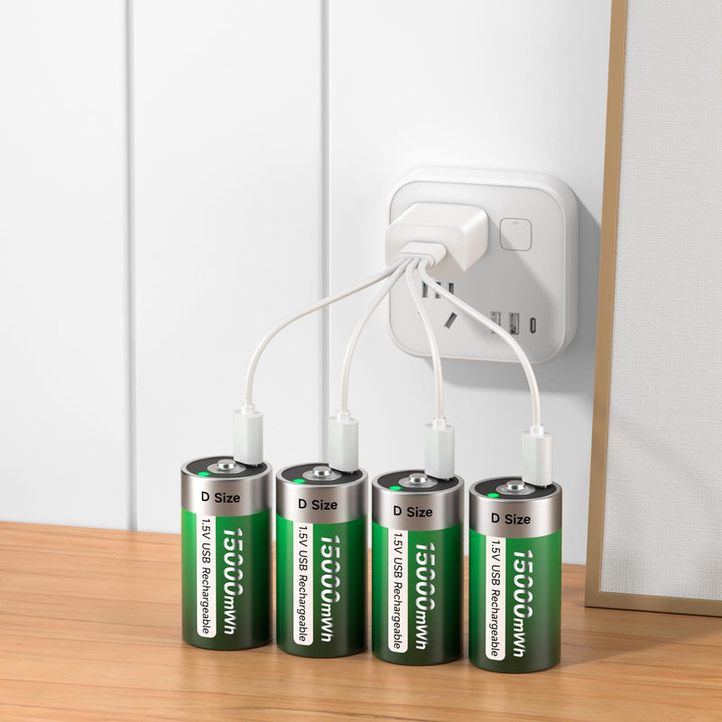 [Australia] - USB D Rechargeable Batteries Lithium 1.5V Constant Output 15000mWh Li-ion D Cell with Type-C Charging Cable,4 Pack 