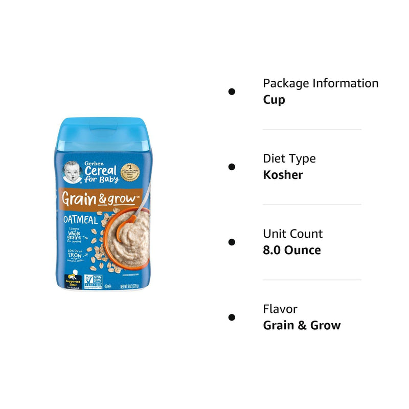 Gerber 1st Foods Cereal for Baby Grain and Grow Baby Cereal, Oatmeal, 8 oz Canister