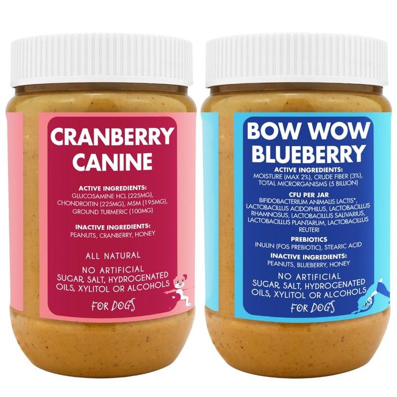 Bow-Wow Blueberry (probiotic + prebiotic) + Cranberry Canine (hip + joint) BUDDY BUDDER, 100% Natural Dog Peanut Butter, Healthy Peanut Butter Supplements, Made in USA (17oz jars) - PawsPlanet Australia