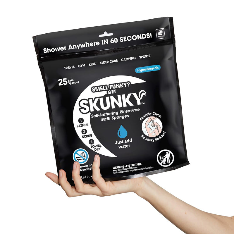 [Australia] - Skunky Disposable Rinse-Free Bathing Sponge Wipes, AS-SEEN-ON-TV, Cleans Without a Shower, Just Add Water, Lather, Scrub & Dry With No Sticky Residue, Gym, Elder Care, Kids & More White 25 Count (Pack of 1) 