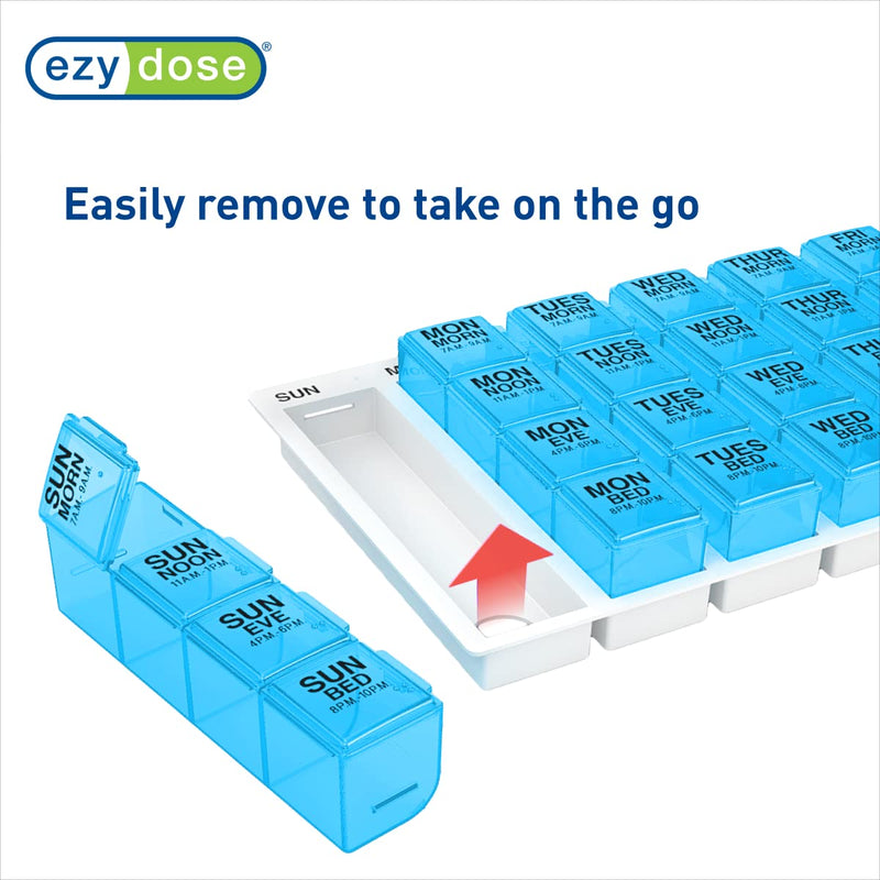EZY DOSE Weekly (7-Day) Pill Case, Medicine Planner, Vitamin Organizer, Large Pop-Out Compartments, 4 Times a Day, Convenient and Easy to Use, Color May Vary, BPA Free