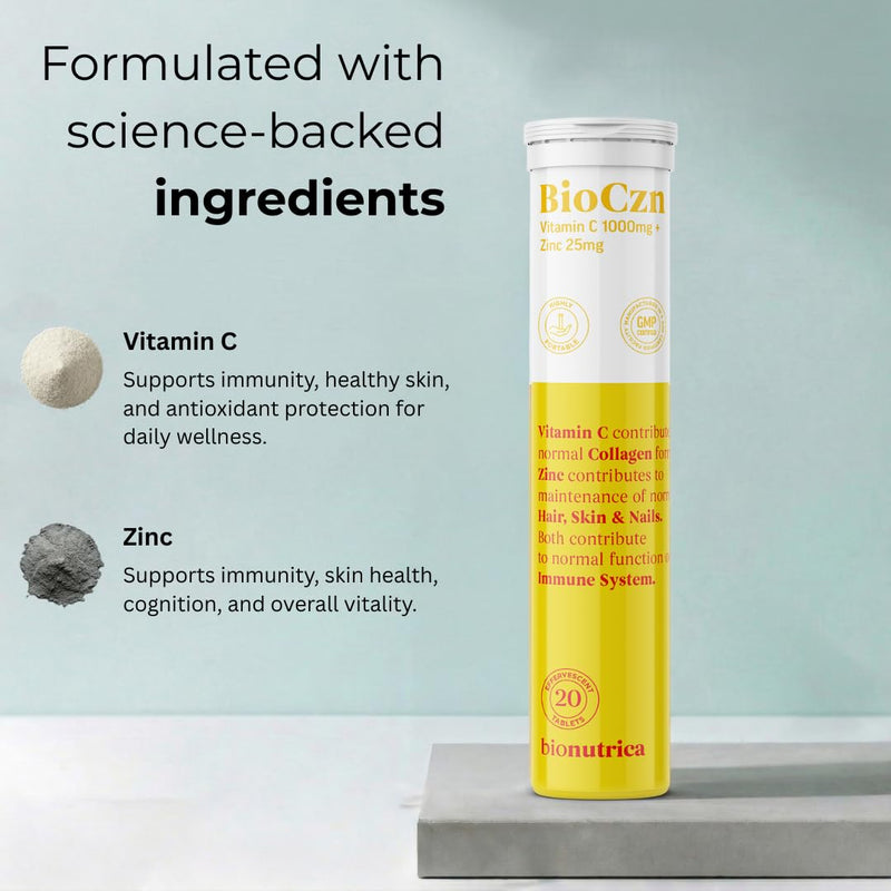 BioCzn Effervescent Vitamin C 1000mg & Zinc 25mg | 60 Tablets | Easy-Dissolve Daily Immune Support | Suitable for Vegans (60)