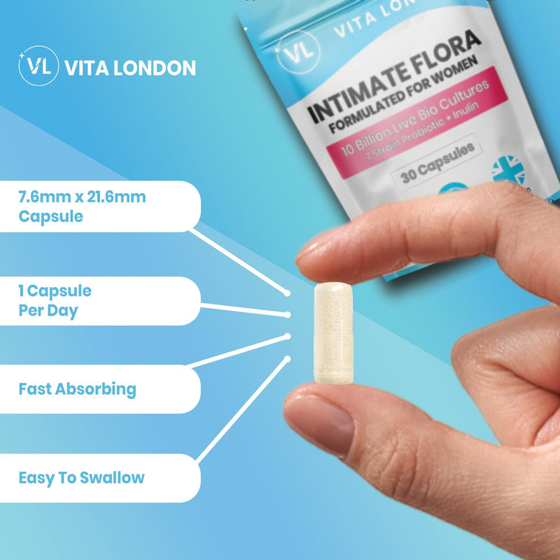 Intimate Flora Probiotics for Women | 10 Billion Live Bio Cultures | 7 Strain Probiotic + Inulin | 30 Capsules (Not Tablet, Gummies or Powder) | Vegan, Made in UK 30 count (Pack of 1)