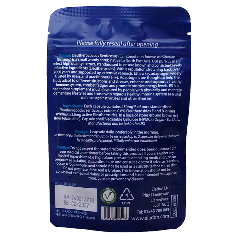 Elagen Siberian Ginseng Eleutherococcus Capsules – High Strength Standardised Extract 450 mg | 60 Vegetarian Caps | UK Made | Traditional Adaptogen for Energy & Wellbeing 60 count (Pack of 1)