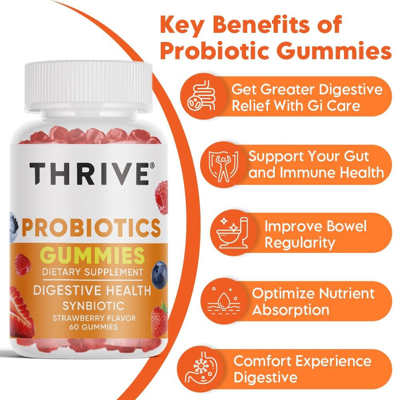 THRIVE Probiotics Gummies with 30 Billion Live & Active CFU Strain for Digestive Health & Gut Support, Synbiotic | Dairy & Gluten Free | Strawberry Flavour Gummies, High Bioavailability | 60 Gummies