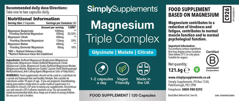 Magnesium Triple Complex | Glycinate, Malate & Citrate | Supports Energy, Muscles, Bones & Nervous System | 120 Vegan Capsules | UK Made | GMP-Certified