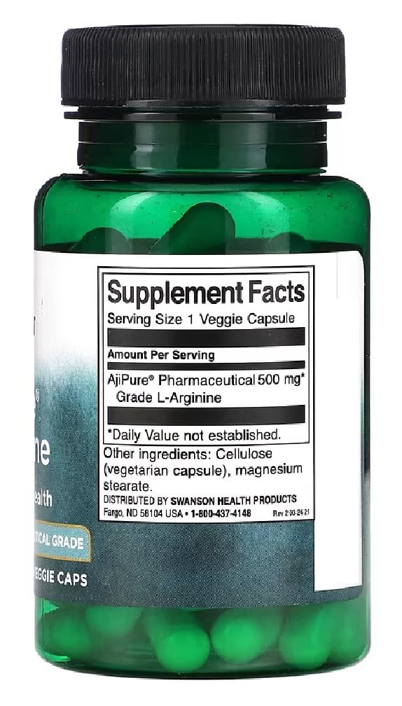 Swansons Swanson - AjiPure L-Arginine 500mg | Pharmaceutical-Grade Amino Acid for Nitric Oxide & Circulation Support | 60 Capsules