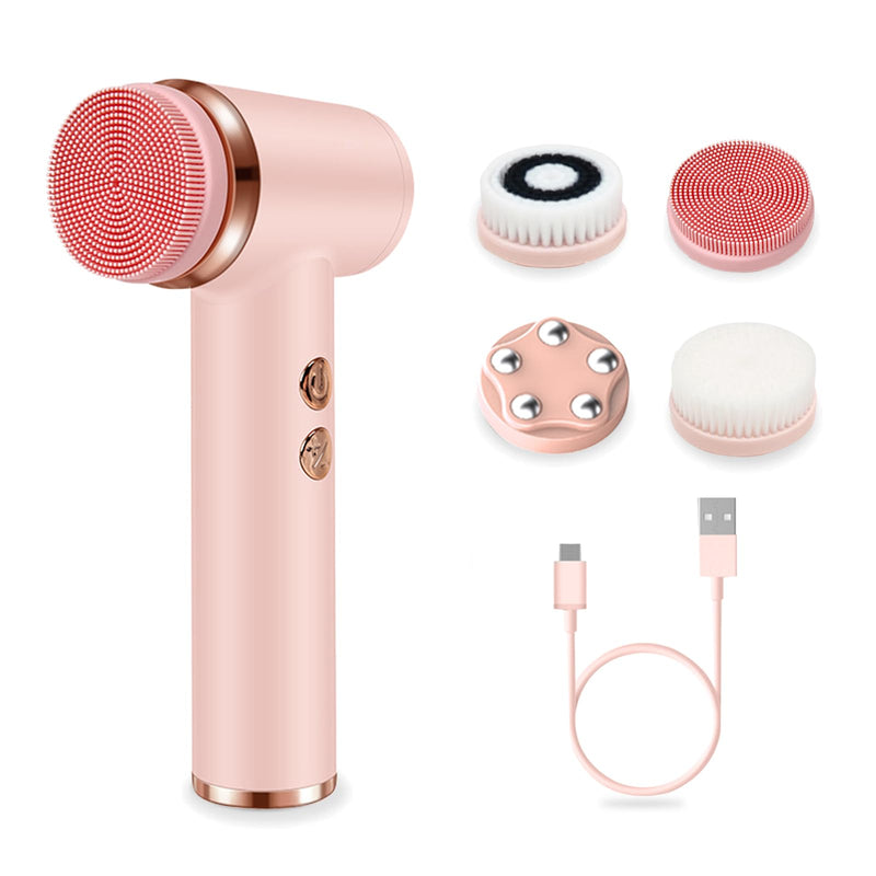 Electric Facial Cleansing Brush with 4 Brush Heads & 5 Speeds - IPX6 Waterproof, Type-C Fast Charging - for Deep Cleansing, Exfoliating, Pore Minimizing & Makeup Removal (Pink) Pink
