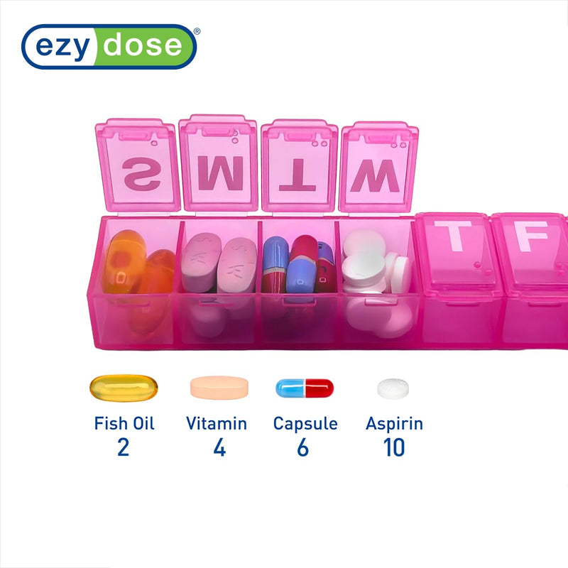 Ezy Dose Weekly (7-Day) Pill Organizer, Medium Planner, Pink, BPA-Free | Compact Daily Vitamin & Supplement Medicine Case, Pop Up Compartments, Convenient and Easy to Use, Travel-Friendly, BPA-Free