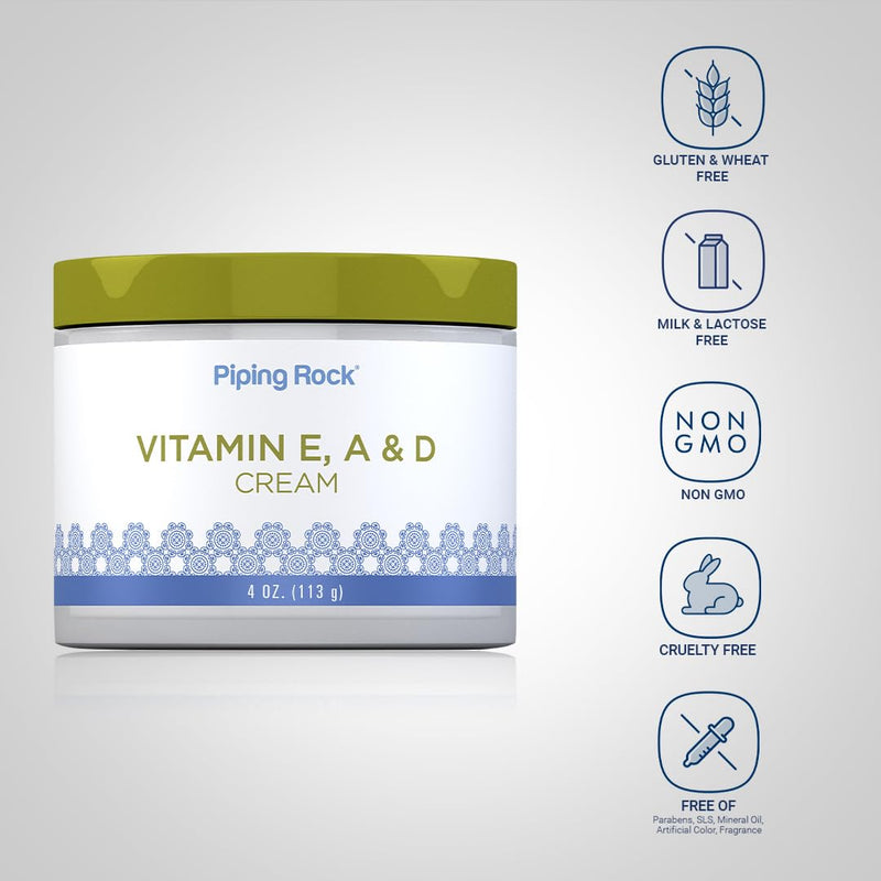 Piping Rock Vitamin E, A & D Cream | 4 Ounces | Moisturizing for Face and Body | Non-GMO, Gluten Free formula