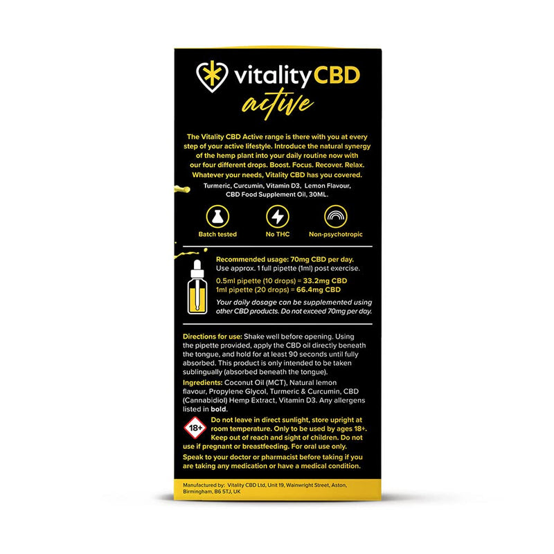 Vitality CBD Active Recover Drops with Turmeric, Vitamin D3, 2000mg of CBD, Lemon Flavour, 30ml, NO THC 30 ml